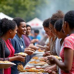Volunteers serving food at a community barbecue event