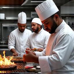 Students in chef's whites learning about grilling in a professional kitchen