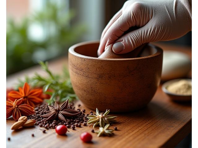 A close-up image of fresh, vibrant spices being hand-ground in a mortar and pestle, emphasizing artisanal quality.