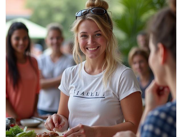 Portrait of Workshop Director Emily Roberts, engaging with students during a grilling class