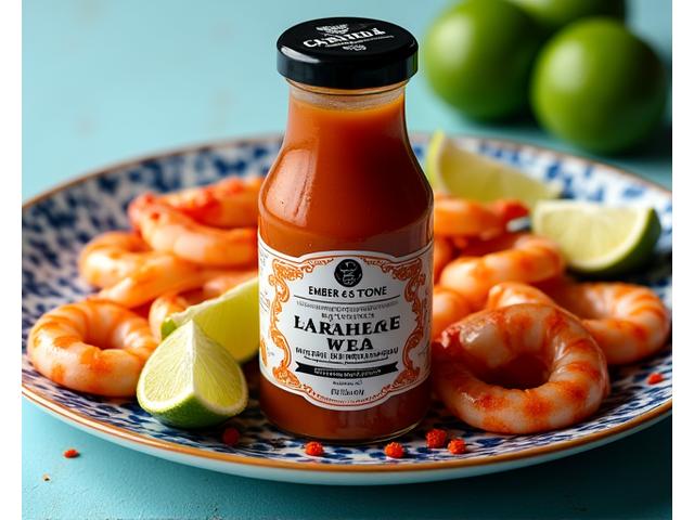 Bottle of Ember & Stone Coastal Heat sauce with grilled prawns and lime wedges.