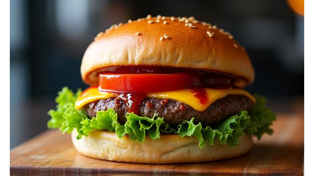 A burger topped with barbecue sauce and fresh ingredients.