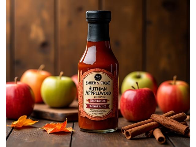 Autumn leaves and fresh apples next to a bottle of a new fall barbecue sauce.