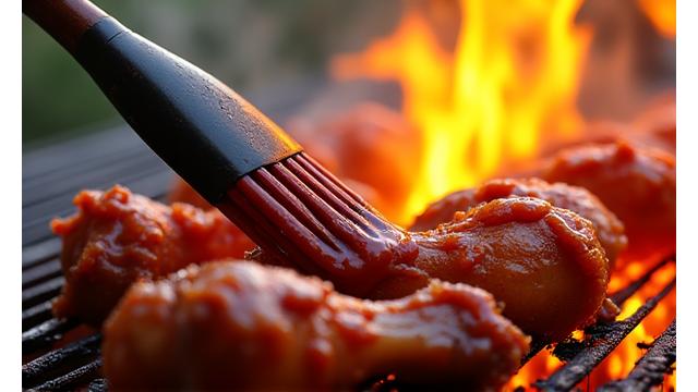 Chicken drumsticks being basted with barbecue sauce on a hot grill.