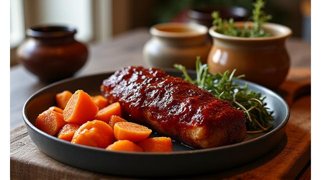 Glazed roasted vegetables and a side of meat prepared indoors.