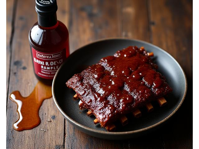 Bottle of Ember & Stone Maple Smoke sauce with slow-cooked ribs.