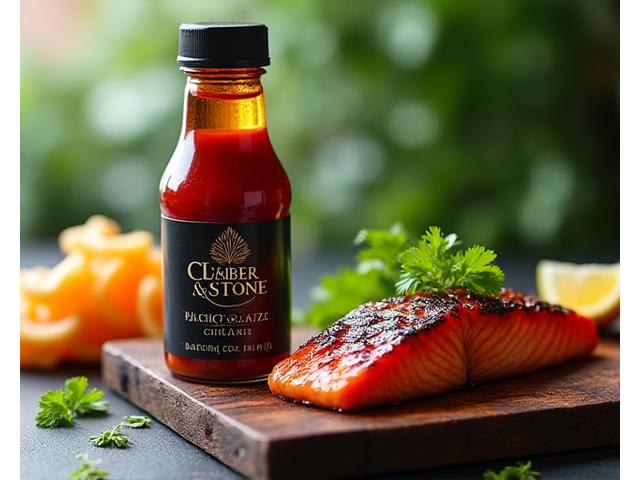Bottle of Ember & Stone Pacific Glaze sauce next to grilled salmon and fresh ginger.