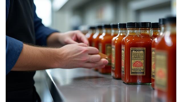Team member carefully labeling bottles of barbecue sauce on a production line.