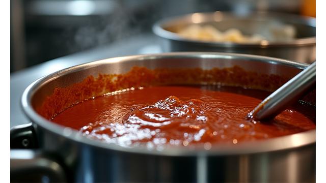 Large pot of barbecue sauce simmering slowly in a commercial kitchen.