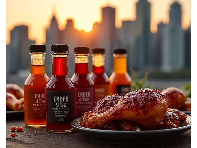 Assortment of Ember & Stone barbecue sauce bottles artfully arranged with smoked meats and a subtle Vancouver skyline in the background.