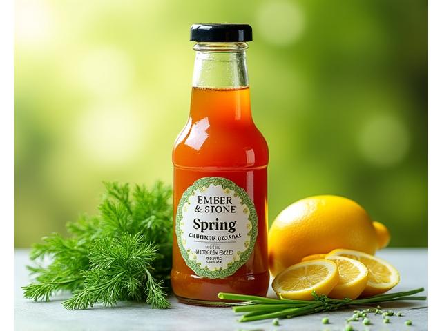 Fresh green spring herbs next to a small bottle of a new spring barbecue sauce.