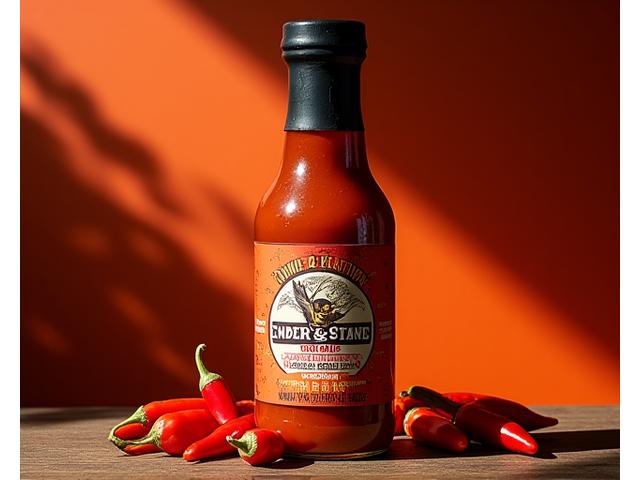 Fiery red chili peppers with a summer special barbecue sauce bottle under strong sunlight.