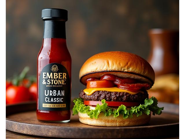 Bottle of Ember & Stone Urban Classic sauce with a perfectly grilled burger.