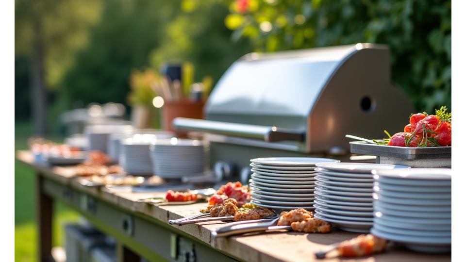 A detailed layout of an outdoor catering setup, showing professional grills, serving stations, and thoughtful organization, emphasizing efficiency and planning.