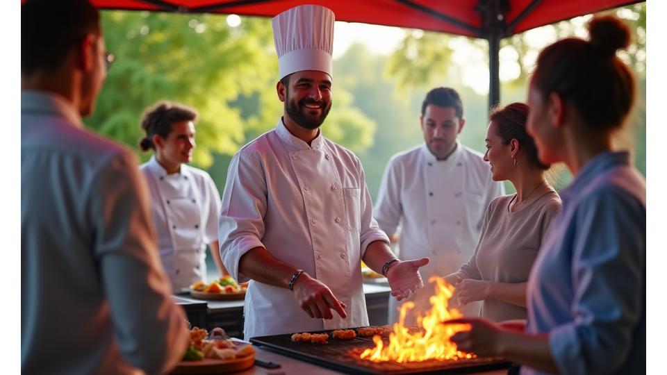 A smiling chef demonstrating grilling techniques to an engaged group of workshop participants at an outdoor event, showcasing interactivity and learning.