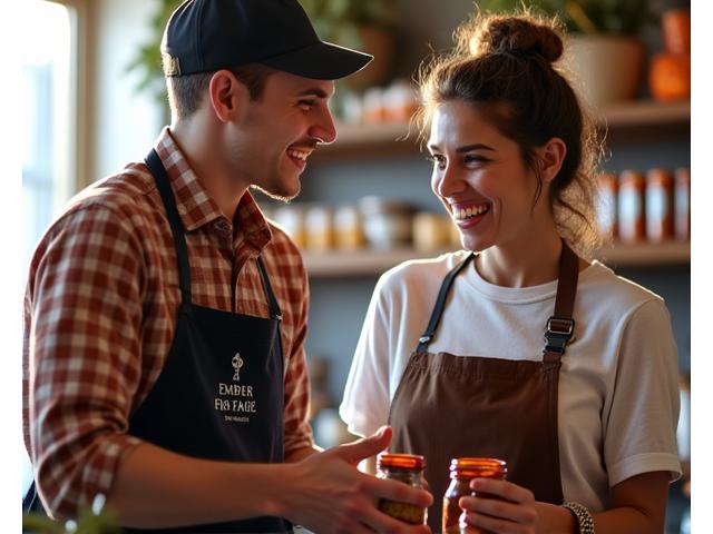 Customer service representative actively helping a happy customer at Ember & Stone Provisions.