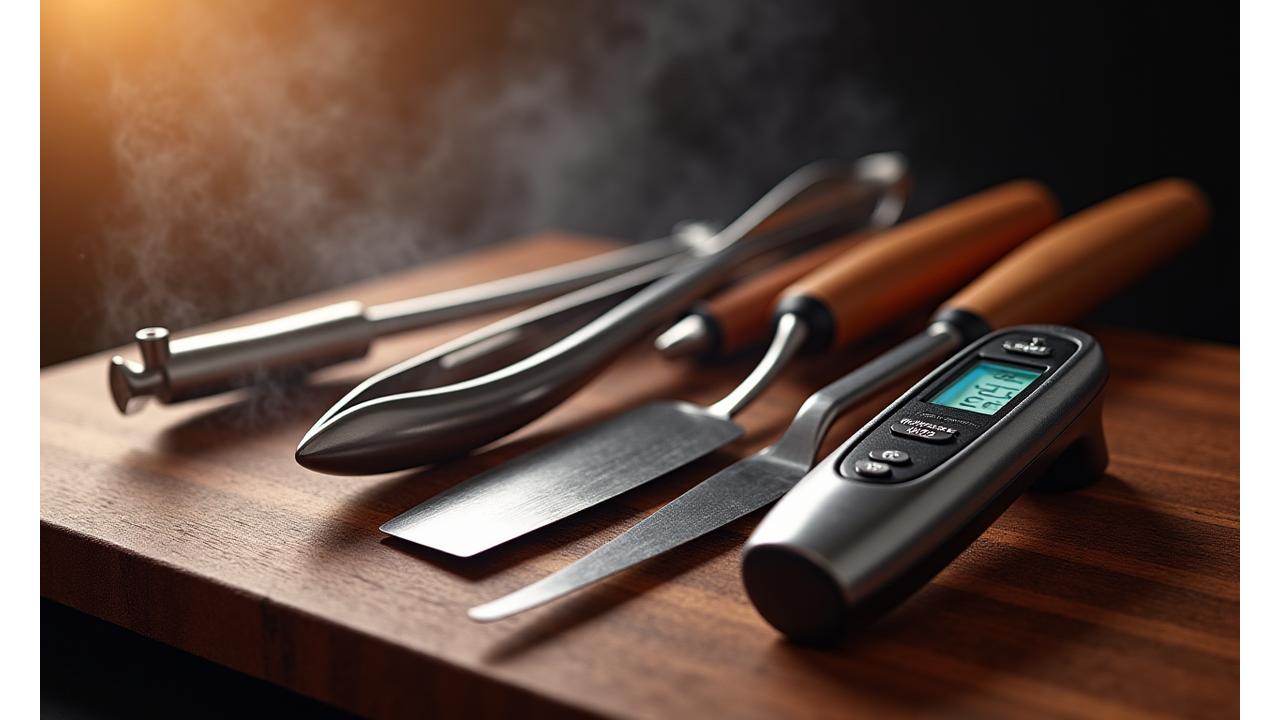 A collection of premium grilling tools, including stainless steel tongs, spatula, and thermometer, artfully arranged on a wooden cutting board with a subtle smoke effect in the background.