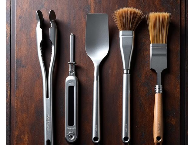 Set of 5 essential stainless steel grilling tools, arranged neatly on a dark wooden background.