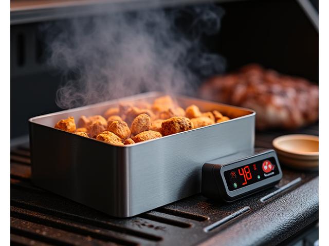 Stainless steel smoke box with various wood chips and a dual-probe wireless thermometer on a rustic metal surface.