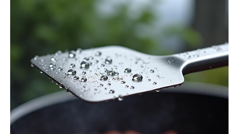 Close-up of a stainless steel grilling spatula with condensation on it, implying resistance to moisture, set against a blurred outdoor background, symbolizing Canadian weather testing.