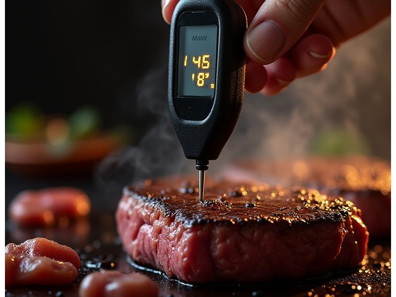 Close-up view of a sleek, black digital instant-read meat thermometer inserted into a perfectly grilled steak, smoke subtly rising.