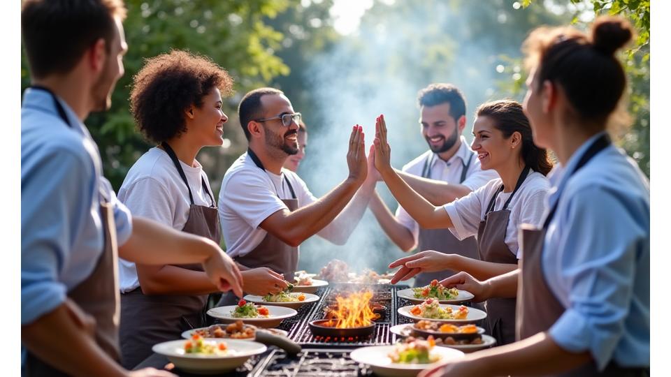 Group of colleagues High-fiving around a grill during a team-building workshop