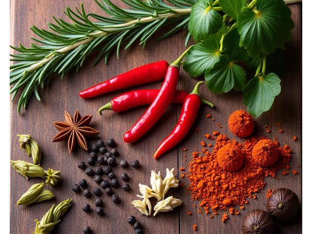 Close-up of fresh, vibrant spices and herbs, including rosemary, thyme, and red chili flakes, on a rustic wooden board, emphasizing natural ingredients.