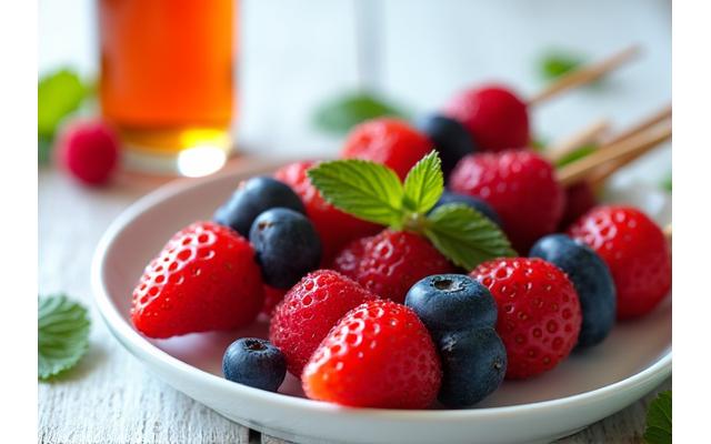 A bowl of mixed berries and mint on skewers, lightly grilled, next to a bottle of low-sugar marinade, illustrating diabetic-friendly dessert or meal components.