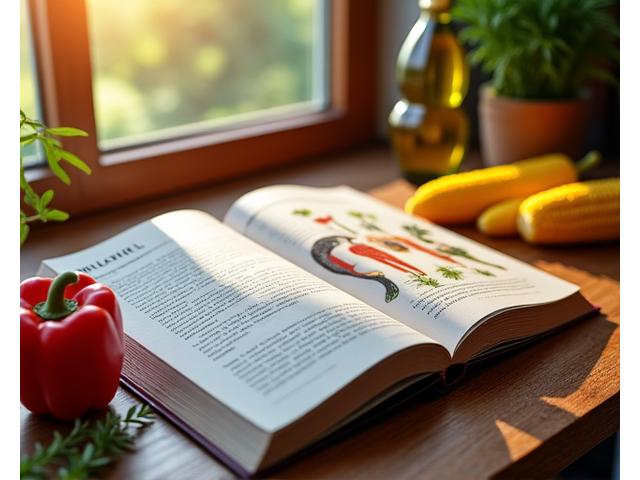 An open cookbook with healthy grilling recipes next to fresh ingredients like bell peppers, corn, and olive oil, symbolizing learning and application.
