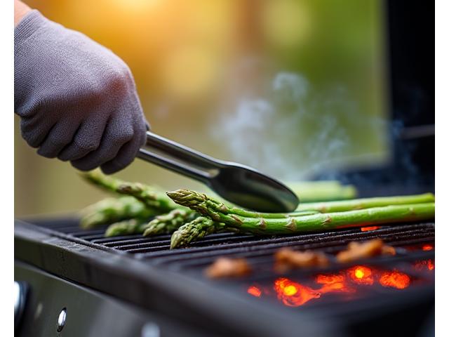 A person's hand carefully turning vegetables on a clean grill grate with tongs, showing precise control over cooking for nutrient preservation.