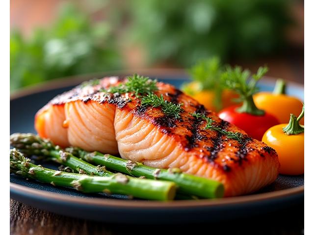 A vibrant platter of perfectly grilled salmon, asparagus, and colorful bell peppers, garnished with fresh herbs, showcasing a healthy and delicious outdoor meal.
