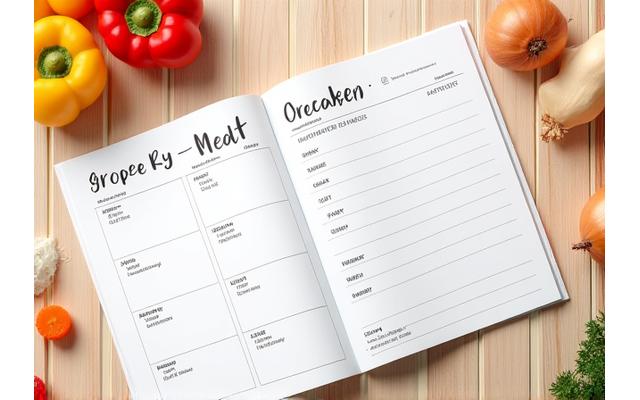 A beautifully organized weekly meal planner showing grilled dishes for each day, alongside shopping lists and nutritional notes.