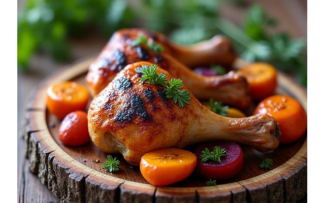 A platter of grilled chicken drumsticks with roasted root vegetables, emphasizing whole, unprocessed ingredients typical of a paleo diet.