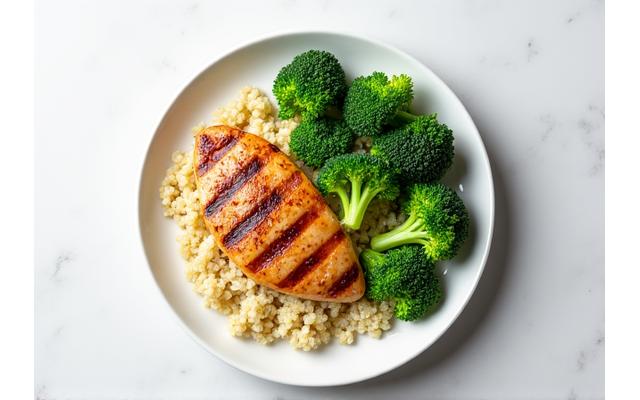 A balanced plate with clearly defined portions of grilled chicken, quinoa, and steamed broccoli, illustrating healthy meal portioning.