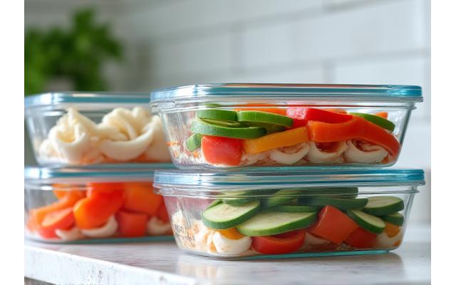 Glass food containers filled with pre-cut vegetables and marinated chicken breasts, ready for grilling, depicting efficient meal prep.
