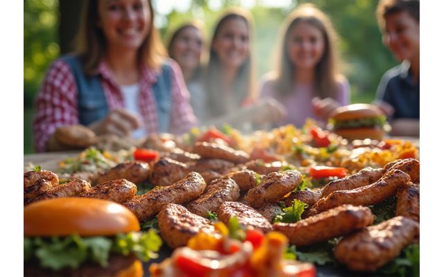 Family BBQ spread with grilled chicken and burgers