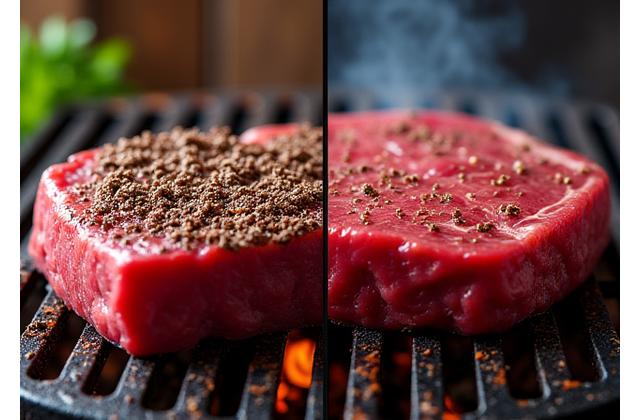 Perfectly grilled steak seasoned with a dark rub, showing a juicy interior.