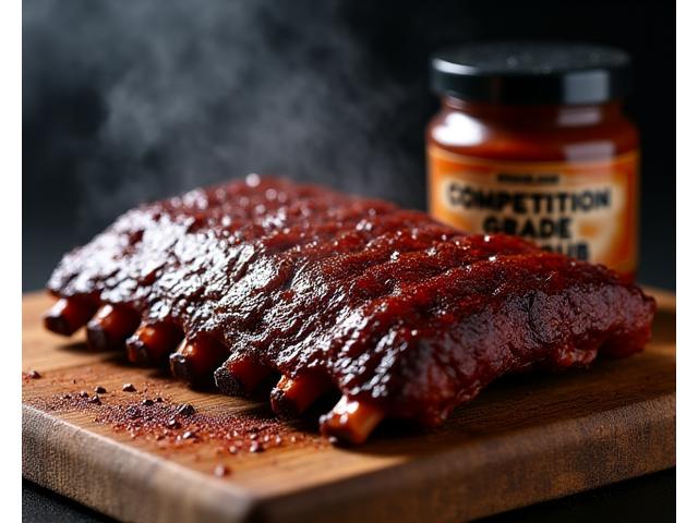 Award-winning BBQ ribs finished with Competition Grade Rub on a cutting board.