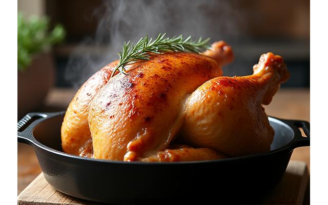 Whole roasted chicken with crispy, golden skin.
