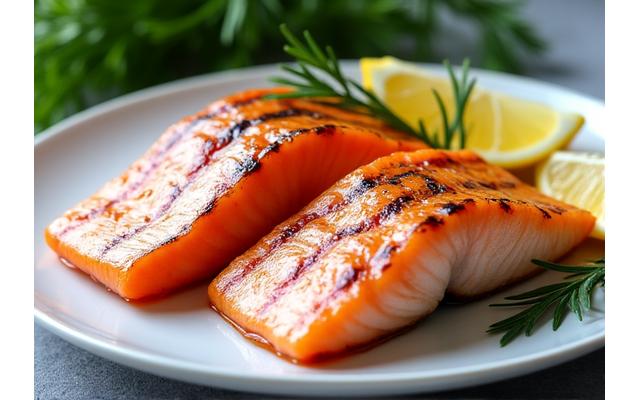 Grilled salmon fillets on a cedar plank with lemon wedges.