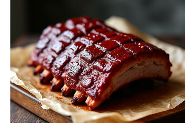 Smoked ribs with perfect bark, glistening with sauce.