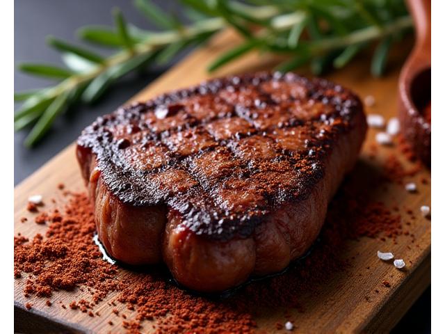 Vancouver Smoke Rub on a sizzling grilled steak, surrounded by fresh herbs.