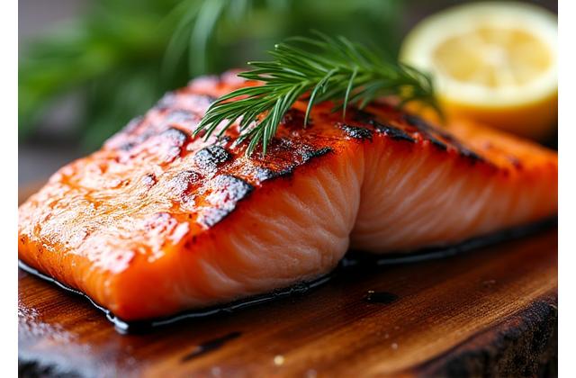 Flaky grilled salmon fillet with a vibrant glaze.