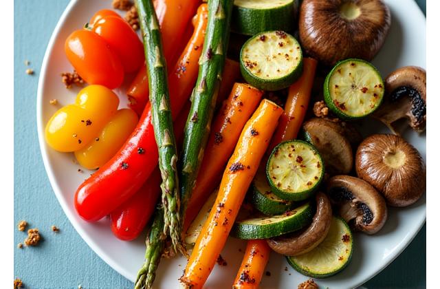 Colorful arrangement of grilled vegetables, including zucchini, bell peppers, and corn.