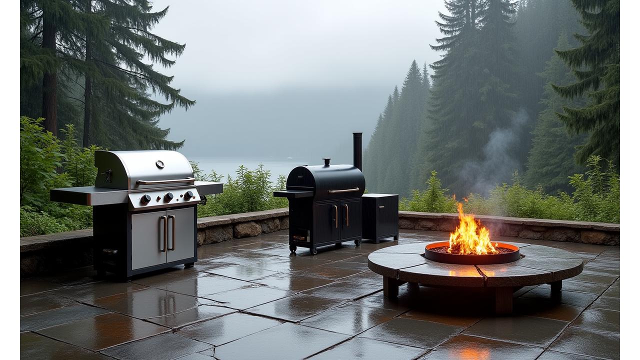 Variety of outdoor cooking equipment including a sleek gas grill, a robust charcoal smoker, and a modern fire pit, set against a backdrop of a misty Vancouver forest and ocean.