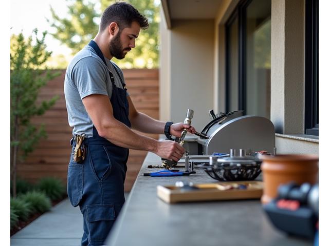 A technician meticulously installing a gas line to a new built-in outdoor grill in a modern backyard, ensuring safety and proper function.