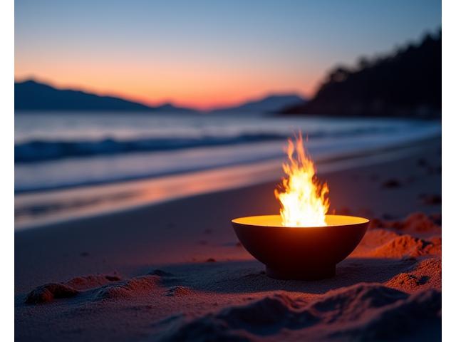A small, wind-resistant portable fire pit glowing at dusk on a sandy beach, with a view of the ocean and distant mountains.