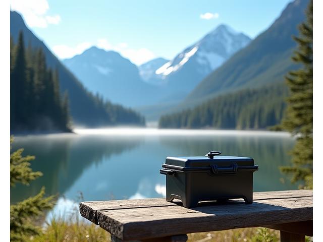 A compact camping grill set up on a picnic table at a scenic lakeside campsite in British Columbia.