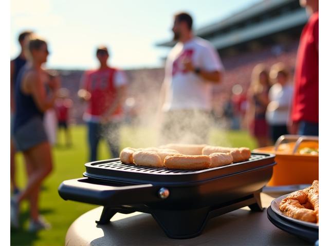 A compact, portable grill being used at a vibrant tailgating event outside a sports stadium, surrounded by friends and festive atmosphere.