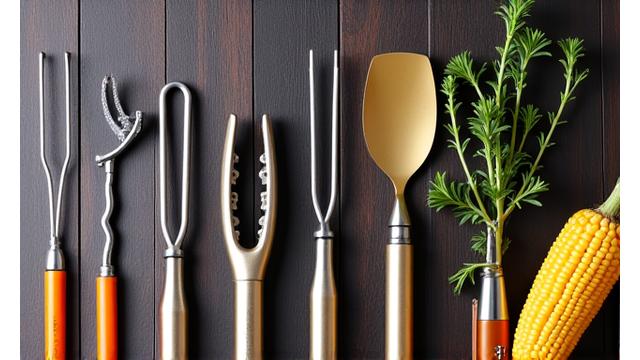 Assortment of grilling tools including skewers, tongs, and a corn holder.